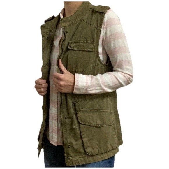 Per Se Utility Vest Women Size M Cargo Hunter Green Pockets Waist Drawstring - Picture 13 of 14